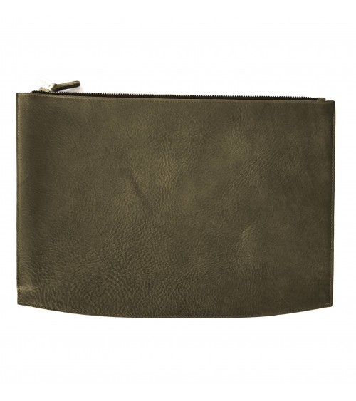 Poche plate zippée PA Allgäu, cuir épais vert olive