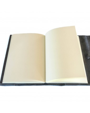 Carnet PA rechargeable cuir Nubuck gris, lacet cuir de fermeture, 288 pages blanches format A5.