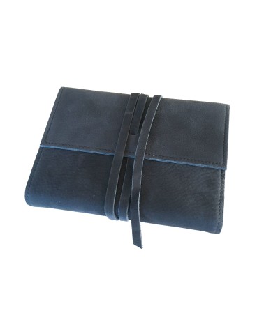 Carnet PA rechargeable cuir Nubuck bleu nuit, lacet cuir de fermeture, 288 pages blanches format A5.