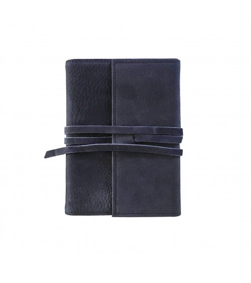 Carnet PA rechargeable cuir Nubuck bleu nuit, lacet cuir de fermeture, 288 pages blanches format A5.