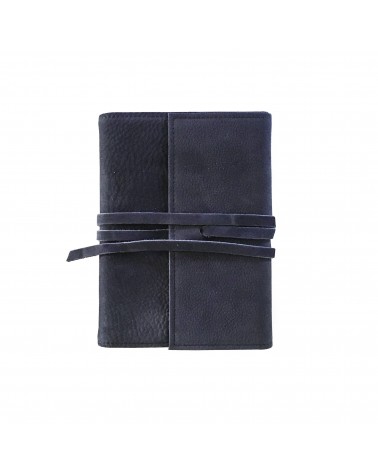 Carnet PA rechargeable cuir Nubuck bleu nuit, lacet cuir de fermeture, 288 pages blanches format A5.