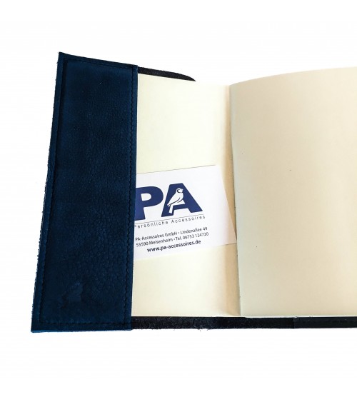 Carnet PA rechargeable cuir Nubuck bleu nuit, lacet cuir de fermeture, 288 pages blanches format A5.