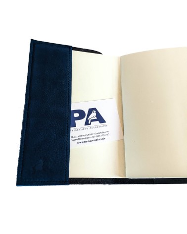Carnet PA rechargeable cuir Nubuck bleu nuit, lacet cuir de fermeture, 288 pages blanches format A5.