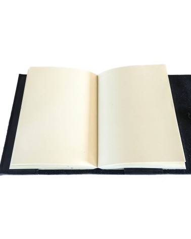 Carnet PA rechargeable cuir Nubuck bleu nuit, lacet cuir de fermeture, 288 pages blanches format A5.