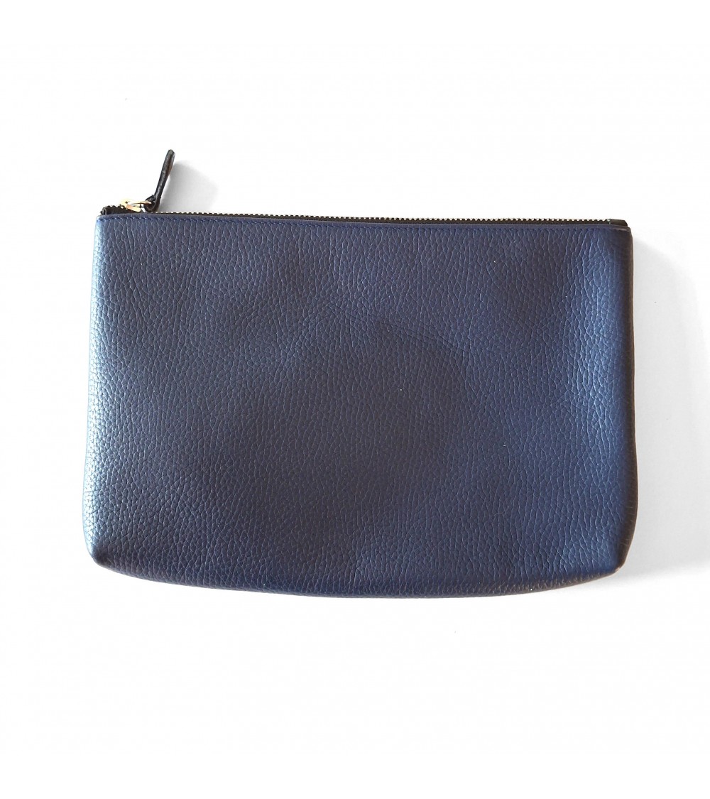 Poche plate zippée pour format A5, cuir grainé bleu foncé