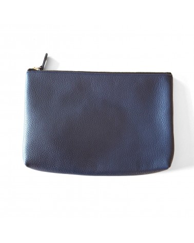 Poche plate zippée pour format A5, cuir grainé bleu foncé