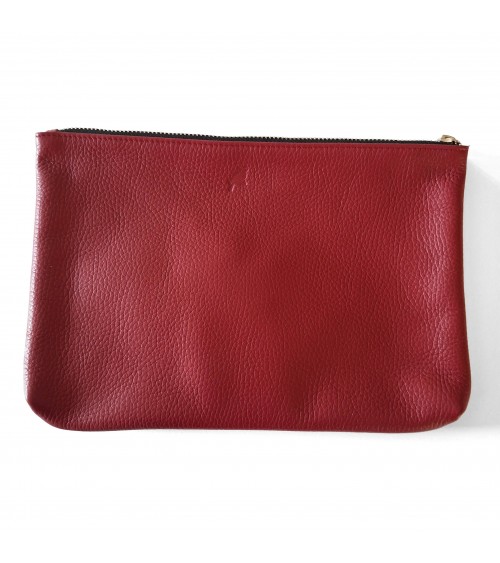 Poche plate zippée pour format A5, cuir grainé rouge bordeaux