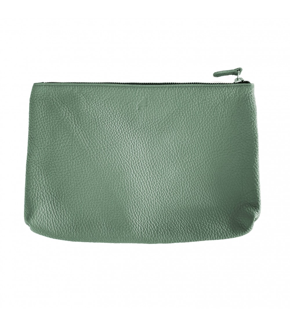 Poche plate zippée pour format A5, cuir grainé vert sauge