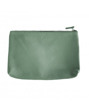 Poche plate zippée pour format A5, cuir grainé vert sauge