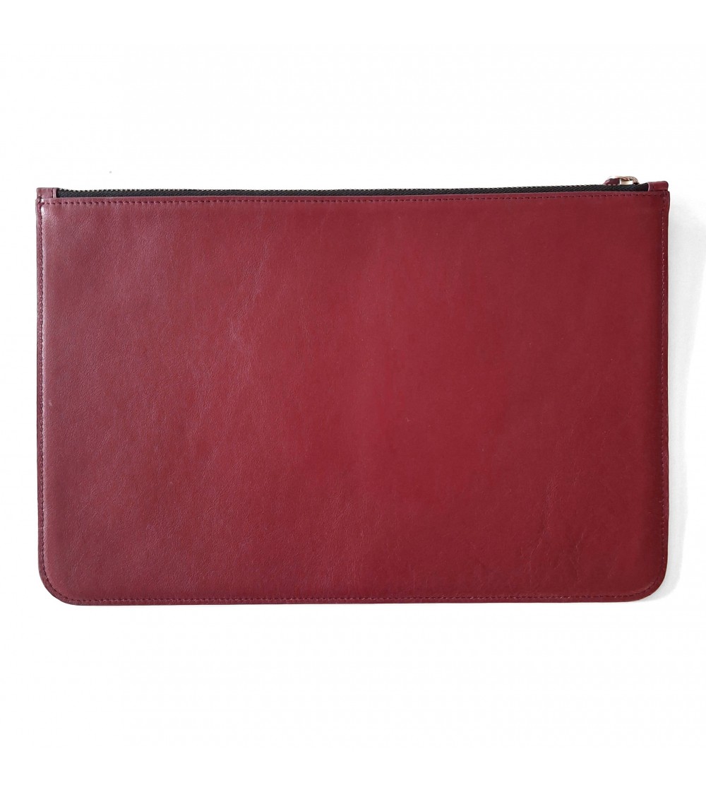 Poche plate zippée Récife cuir rouge bordeaux doublé tissu, fabriqué en France